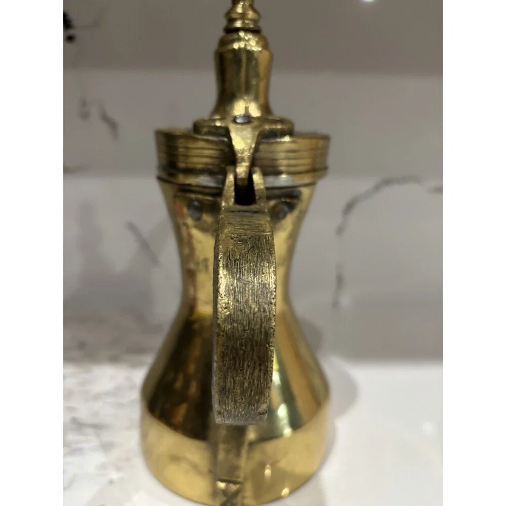 VINTAGE INDIAN BRASS TURKISH DALLAH ARABIC COFFEE EWER. HAND ENGRAVED. 12” TALL